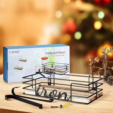 Настінна підставка для праски та прасувальної дошки TJ.Moree, металева з кошиком та дерев'яною дощечкою, чорна