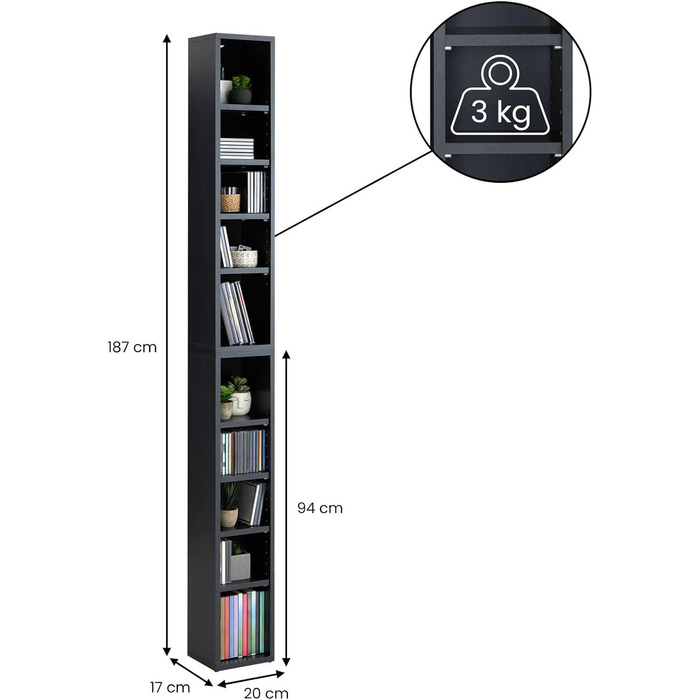 CARO-Furniture CD DVD Blu-ray Shelf Chart in Concrete Look – Two-Piece Media Shelf, Storage, CD Stand with 10 Compartments for up to 160 CDs, 20x187 cm (W x H) Concrete Dark