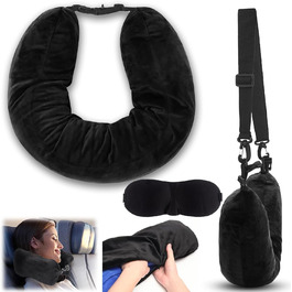 Надувне подушечка для шиї у формі U для подорожей з маскою для очей (чорна)