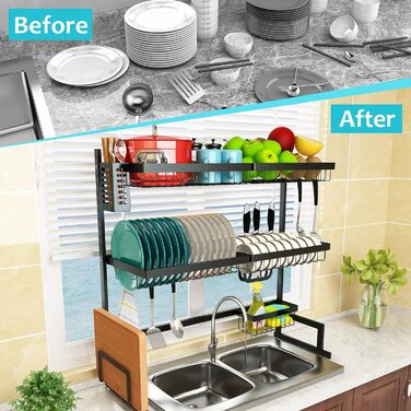 Сушарка для посуду на мийку, 3-ярусна, нержавіюча сталь, регульована (84-102 см), велика сушарка для стільниці (чорна)