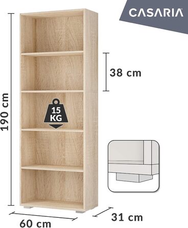 Книжкова шафа Casaria Vela 5 полиць 190x60x28 см, регульовані полиці, відкрита, дуб, для офісу та вітальні