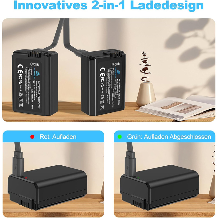 Набір акумуляторів NP-FW50 1300mAh 2 шт. та зарядний пристрій LCD для Sony ZV-E10, A6000, A6300, A6400, A6500, A5100, A5000, A7, A7II, A7R, A7RII, A7SII, 7RM2, 7SM2, 7M2, A55, RX10 II III IV, NEX-3/5/6/7, NEX-F3