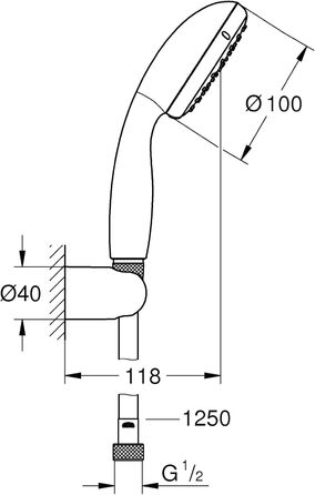GROHE water-saving hand shower head, Tempesta 100 set including adjustable wall holder, EcoJoy, 2 spray patterns, 2779810E