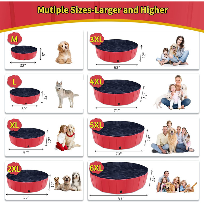 Foldable Dog Pool, 100 x 30.5 inches, Oversized, Hard Plastic, Portable, Swimming Pool for Dogs, Cats, and Children, Pet, Puppy Bathtub, Foldable, Kiddie Pool (red)