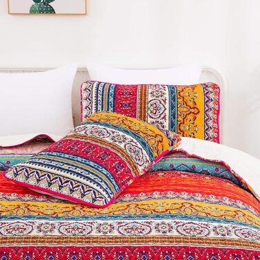 WONGS BEDDING Quilt Set 220x240 Bedspread Bohemian Throw Blanket Stepped Quilt 3-Piece Double Bed Quilted Bedspread Microfiber Living Room Blanket with 2 Pillowcases 50x70 for Bedroom as Sofa Throw (Bohemian)