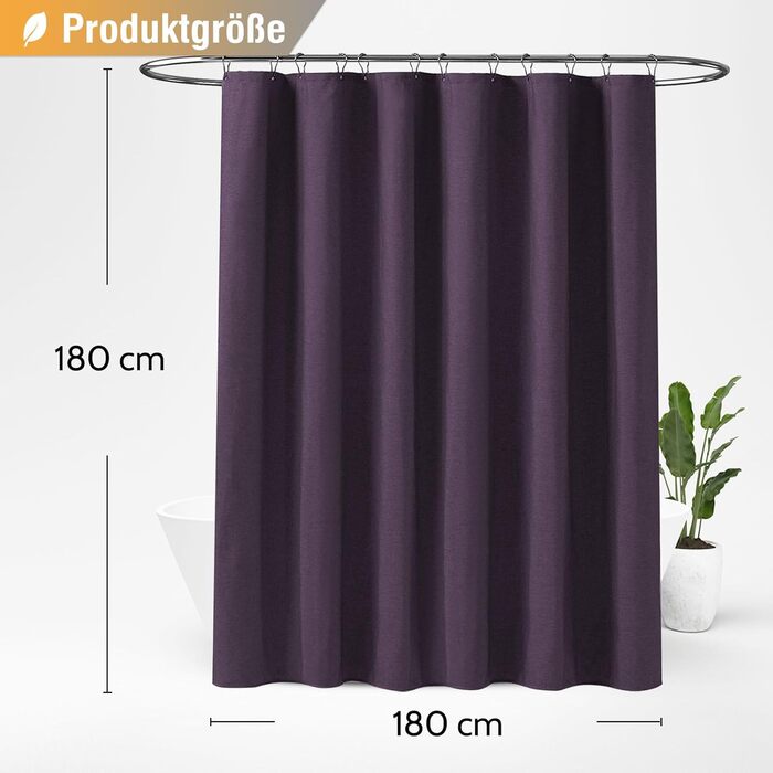 Тканинна шторка для душу BTTN, 180x200 см, льонова текстура, антигрибок, миється, текстиль, 12 гачків, сучасний, водовідштовхуючий, з обтяжувачем, декор, поліестер, кремовий колір (фіолетовий, однотонний, H180 x B180 см (упаковка 1 шт))