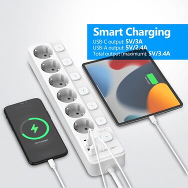Мережевий адаптер JSVER на 5 розеток з індивідуальними вимикачами, 2 USB-A та 2 USB-C (17W), 2м кабель, для смартфонів та ноутбуків, білий
