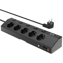 Настільний мережевий фільтр з 5 розетками та 2 USB-C (PD 30W), подовжувач з вимикачем, 4000W, кабель 2м, чорний