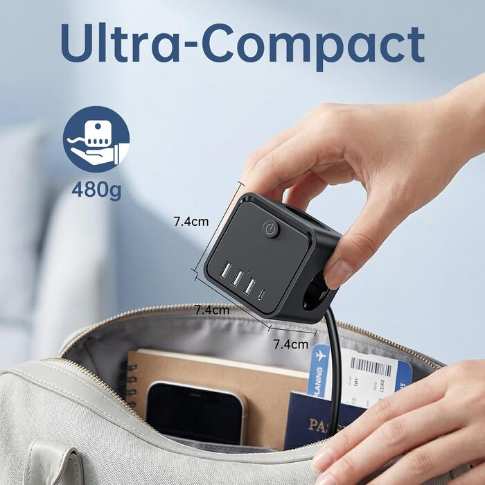 Мережевий фільтр подовжувач 7 в 1 з USB-портами, 3 розетки, з вимикачем, кабель 2 м, чорний — для дому та офісу