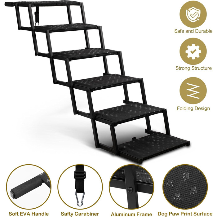 Сходинка для собак у автомобіль – складана пандус для великих собак з неслизькою поверхнею, портативна сходинка для авто, SUV, вантажівок, підтримує до 90 кг, 6 сходинок