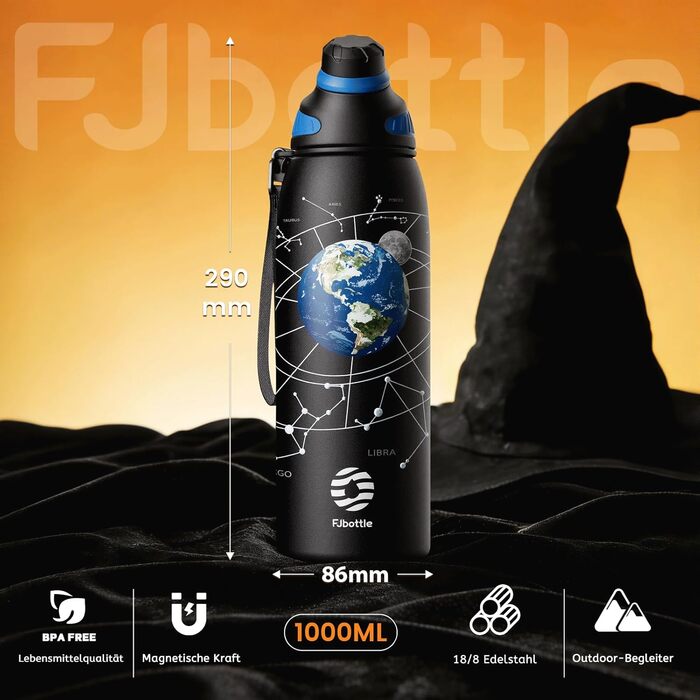 Фляга спортивна Fjbottle Edelstahl 1 л з магнітною кришкою, BPA-free, для школи, фітнесу, термофляга для води (Земля)