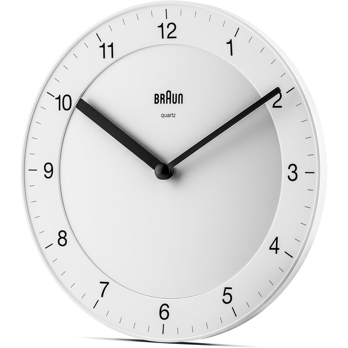 Braun Classic analog wall clock with a quiet quartz movement, easy-to-read dial with a 20 cm diameter in white, model BC06W.