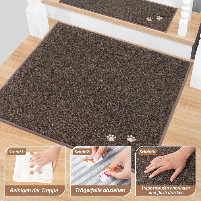 BEQHAUSE Non-Slip Stair Treads - 15 Piece Set - Washable Carpet for Stairs - Safe for Kids, Seniors & Pets - 100% Polyester with TPE Backing - 22x70cm