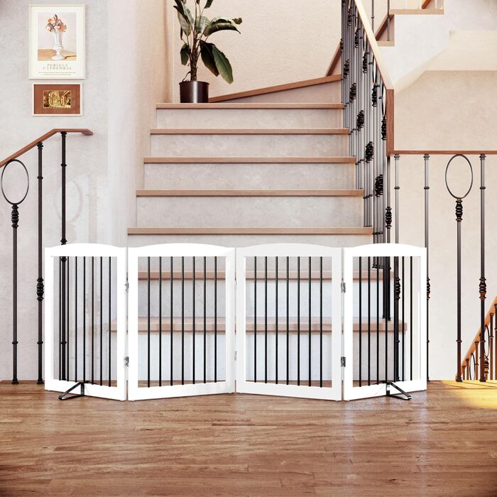 Захисне ґратка для собак у квартиру без свердління, металева, дерев'яна, розкладна, біла, 4 панелі