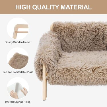 MEWOOFUN Elevated Cat Bed Sofa made of Wood, Sturdy Large Cat Sofa – Fashionable Cat Stool with Removable Mattress Cover. Supports up to 10 kg (70x53cm, Light Brown)