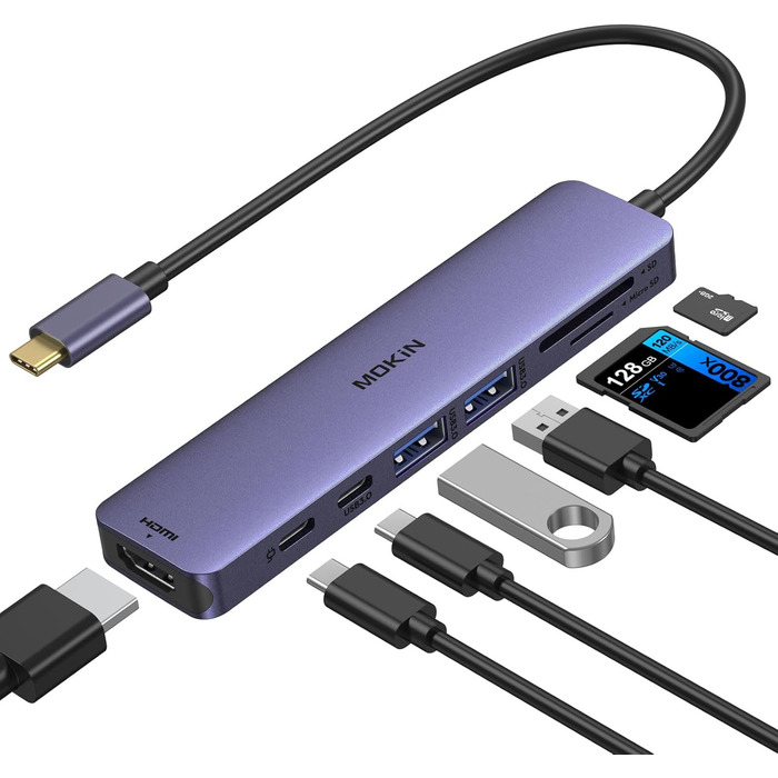 MOKiN USB-C хаб 6-в-1 з HDMI 4K, 2xUSB 3.0, USB 2.0, SD/MicroSD, для MacBook, XPS та інших пристроїв (фіолетовий)
