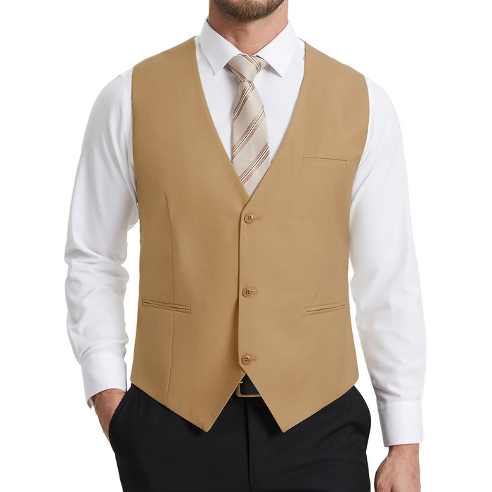 Жилет чоловічий HISDERN формальний елегантний бавовняний однотонний V-подібний виріз з кишенями для весілля, вечірки, бізнесу (S, Хакі)