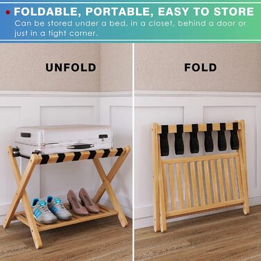 SMIBUY Luggage Rack, 2-Pack, Folding Bamboo Suitcase Stand with Shelf for Guest Room, Bedroom, Hotel, Heavy-Duty (Natural Colors)