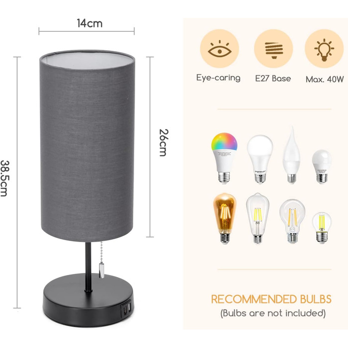 Настільна лампа Aigostar з 2 USB-портами, вимикач, металевий цоколь, сірий колір, для спальні, вітальні, дитячої кімнати