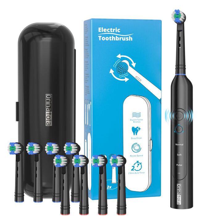 Електрична зубна щітка Rotierende для дорослих з 8 насадками, 3 режимами чищення, акумулятором до 50 днів та Smart-таймером 2 хв - Чорна