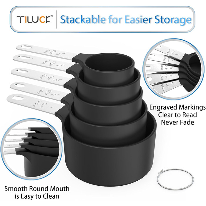 Набір мірних стаканів та ложок TILUCK, 5 шт + 5 шт, чорний, нержавіюча сталь, для кухні, приготування їжі та випічки, штабельовані