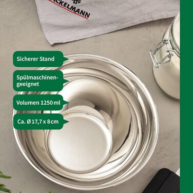 Нержавіюча чаша Chefkoch від Fackelmann Bonn з антиковзним силіконовим дном – 1,25л, Ø 17,7 x 8 см, для салатів, тіста та іншого, високоякісна, придатна для миття в посудомийній машині