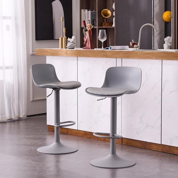 YOUNIKE Adjustable Bar Stools 2-Pack - Kitchen Bar Chairs with Backrest, Faux Leather, Grey