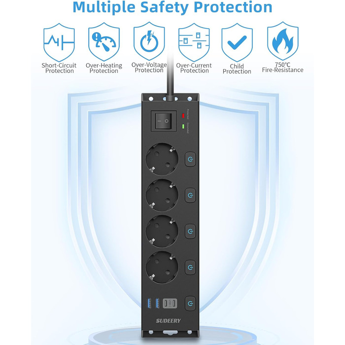 Мережевий фільтр Steckdoseleiste з індивідуальним керуванням, 5 розеток, настінний монтаж, захист від перенапруги 1050 Дж, для дому та офісу, кабель 2 м (4 розетки з USB, чорний)