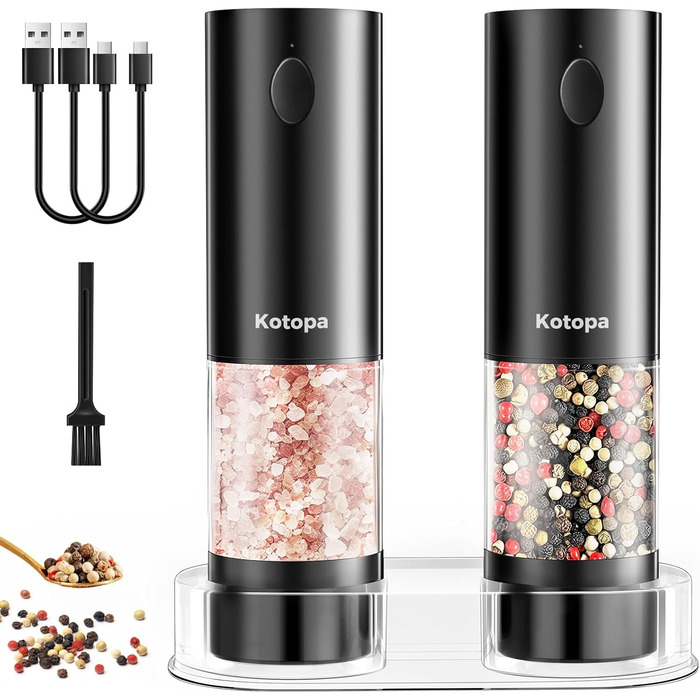 Електричні мельниці для солі та перцю 2 шт. (чорні) з регулюванням помелу, LED-підсвіткою та ємністю 100 мл