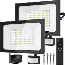 papasbox 2 Pack LED Floodlights with Motion Sensor and Light Sensor | Outdoor Floodlights/Spotlights with Remote Control | 6500K Cool White IP66 Waterproof Floodlights for Garden, Garage, Sports Field (150W, 2 Pack)