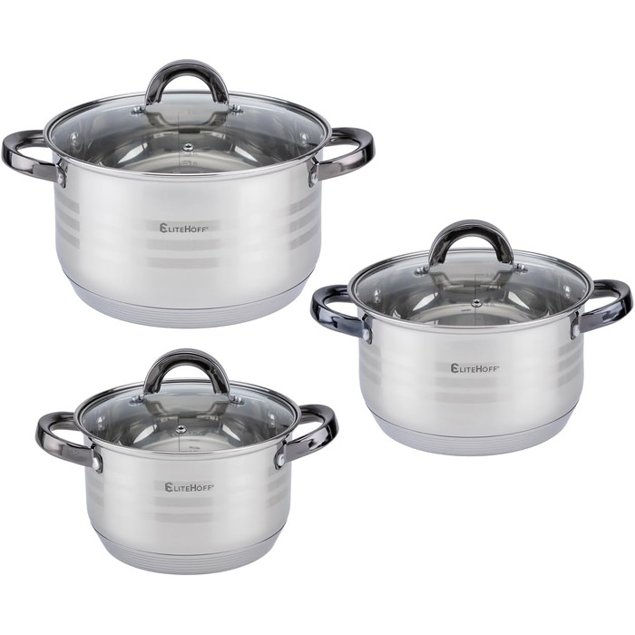 Набір посуду EliteHoff Induktion: 12-ти частинний набір каструль та сковорідок з нержавіючої сталі з кришками та чорними ручками, для всіх типів плит