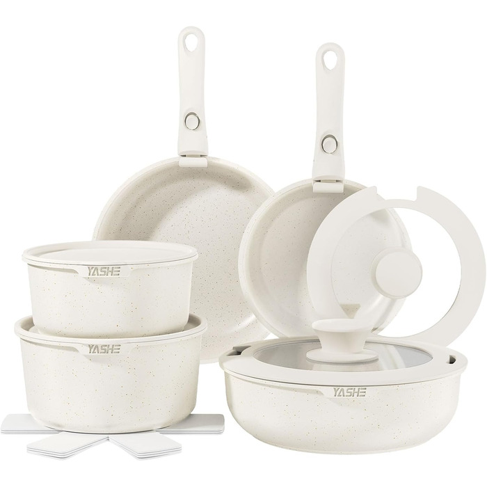 Набір кухонного посуду YASHE 15 предметів: каструлі та сковорідки з гранітно-посудомийним покриттям, знімні ручки, компактний, легко миється, сумісний з індукцією, газом та склокерамікою, білий
