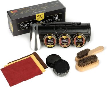 Stone & Clark 12-Piece Shoe Cream & Leather Care Set with Brown Wax, Polishing Shoe Brushes, Compact Shoe Shine Kit with Horsehair Brushes & PU (Classic Black Kit)