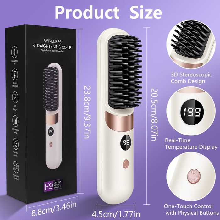 Бездротова випрямляч для волосся LOPHE - щітка-випрямляч з LED-дисплеєм, 3 температурні режими, акумулятор, для волосся та бороди, білий
