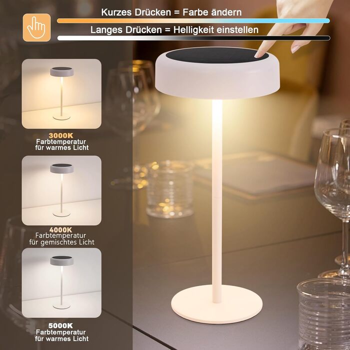 Настільна лампа на сонячній батареї з акумулятором LED, 2 шт, біла - бездротова, диммер, USB, IP44, для дому та вулиці