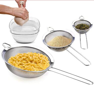 Набір кухонних сит з нержавіючої сталі, 3 шт (7/12/18 см), з посиленим руків'ям, дрібний сито, для випічки, приготування їжі, просіювання, соку