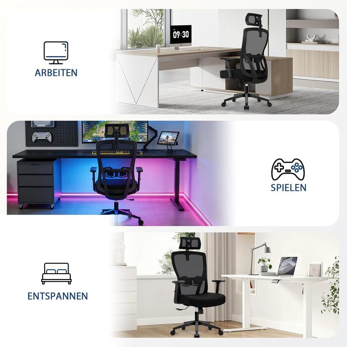 Ергономічне офісне крісло з регульованою спинкою та підголівником, до 150 кг, чорне X-Large