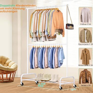 MISSLO Heavy-Duty Clothes Rack Double, Metal Clothes Rail on Wheels Stable Mobile Coat Rack for Coats, Shirts (White)
