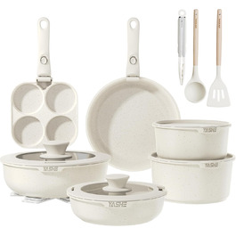 Набір посуду YASHE 20 предметів з антипригарним покриттям, знімні ручки, для індукційних плит, до 230°C, для мийки, можна складати, ідеальний для сімей (Білий)