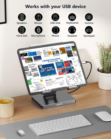 Хаб-станція для iPad Pro/Air M5/M3/M4 з USB-C, 9-в-1: HDMI 4K, RJ45, SD/TF, 3 USB 3.0, 3.5mm Audio, для Samsung Tablet