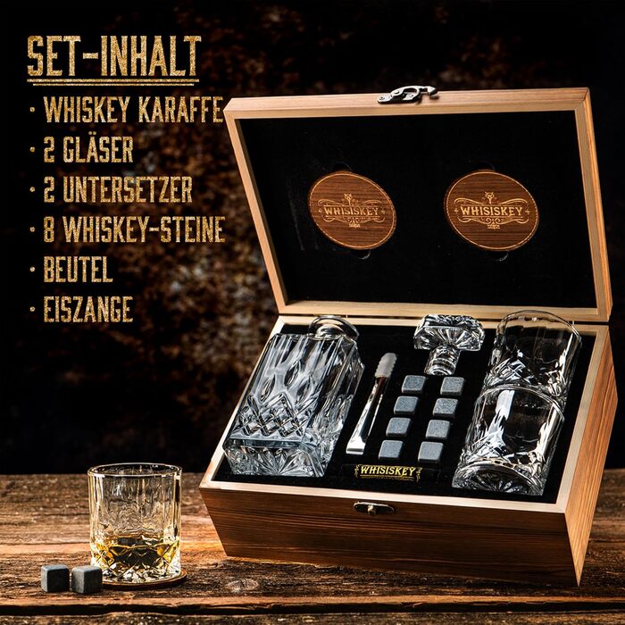 WHISISKEY Whiskey Carafe Set - Whiskey Gift Set - Gifts for Men - Men's Gifts Gift - Birthday Gift for Men - Classic Decanter 700ML, 2 Whiskey Glasses, 8 Whiskey Stones