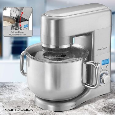 Кухонна машина ProfiCook PC-KM 1096 з чашею з нержавіючої сталі 10 літрів, потужний двигун 1500 Вт, міксер, гак для тіста та вінчик, захист від бризок з отвором для засипання інгредієнтів