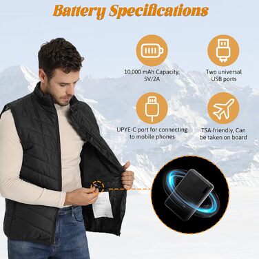 Обогревна жилетка для чоловіків та жінок з акумулятором 10000 mAh та 9 зонами обігріву, 3 режими температури, для зимових видів спорту та полювання