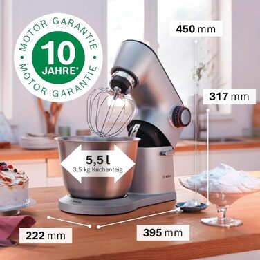 Bosch Kitchen Machine Series 8 MUM9D33S11, 5.5 L Stainless Steel Bowl, Planetary Mixing System, Professional Dough Hook, Beater, Silicone Whisk, 7 Work Stages, Continuous Slicer, 3 Discs, 1600 W, Silver