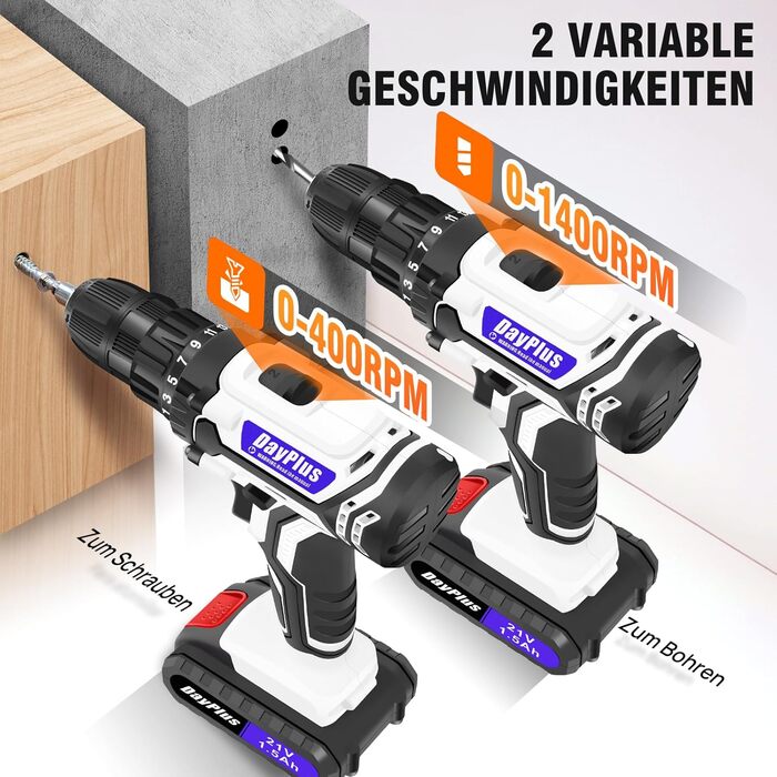 Акумуляторний шуруповерт 21V Set, білий: комплект з акумулятором 1.5Ah, швидкою зарядкою, 45Nm, 25+1 ступенів, LED-ліхтик, 26 предметів аксесуарів для ремонту та DIY