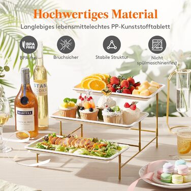 Lifewit 3-Tier Etagere with 30 x 17 cm Plastic Serving Plates, 3-Level Serving Tray/Serving Platter with Folding Gold Metal Shelf, Buffet Party Accessories for Vegetables/Fruit/Cookies/Cake