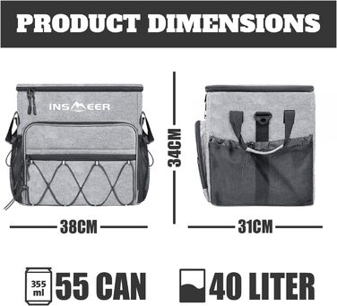 INSMEER Велика термосумка на колесах 40л, 60 банок, водонепроникна, для пляжу, кемпінгу, пікніка, покупок (сіра)