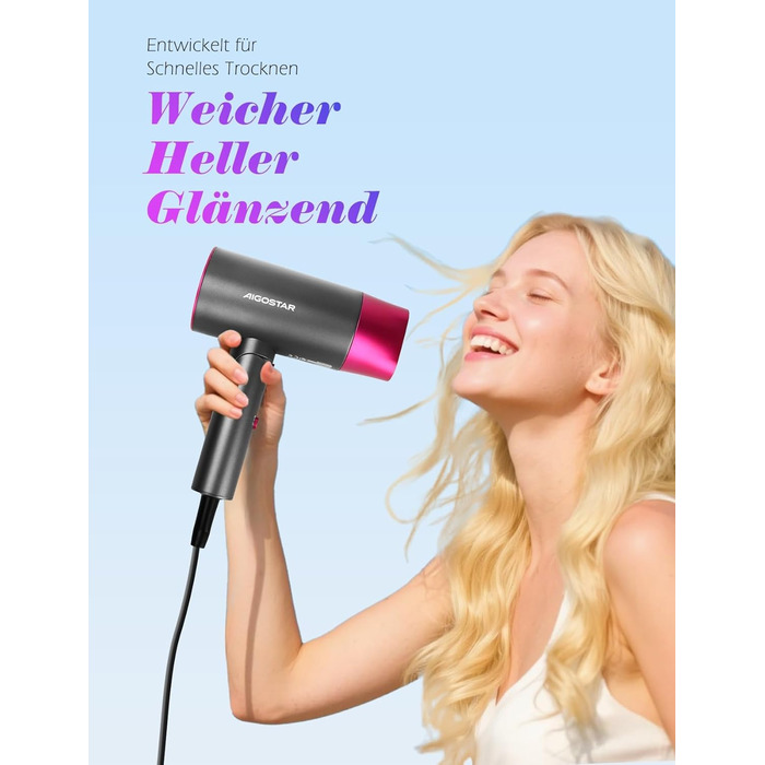 Aigostar Фен для подорожей 2100W з складною ручкою, сірий, з захистом від перегріву, з сумкою