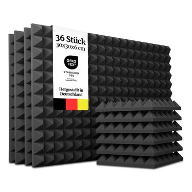 Акустичні пірамідні панелі PolySound для студії, подкастів та домашнього кінотеатру, звукопоглинаючий поролон (48 шт, 30x30x6 см), чорний