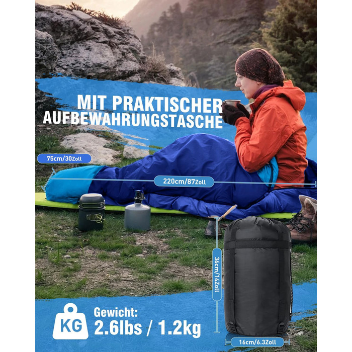 Спальний мішок 3-4 сезони, водонепроникний, ультралегкий, 220*75см (Блакитний) - для кемпінгу, подорожей, походів